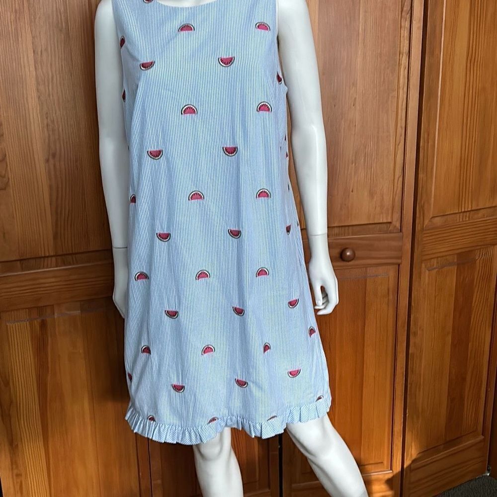 Talbots Petite Blue Pinstripe Seersucker Dress with Watermelon 12p NWT